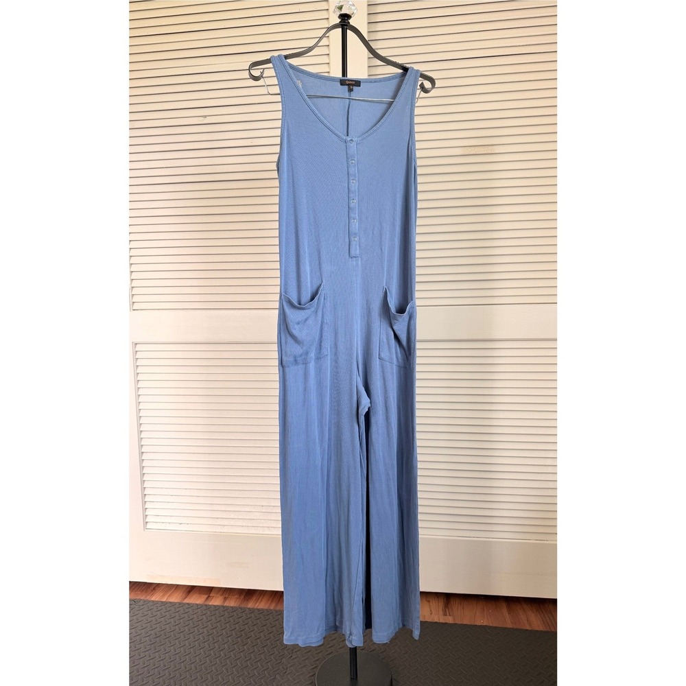 Quince Tencel Rib Henley Jumpsuit Blue Sleeveless Wide Leg Small